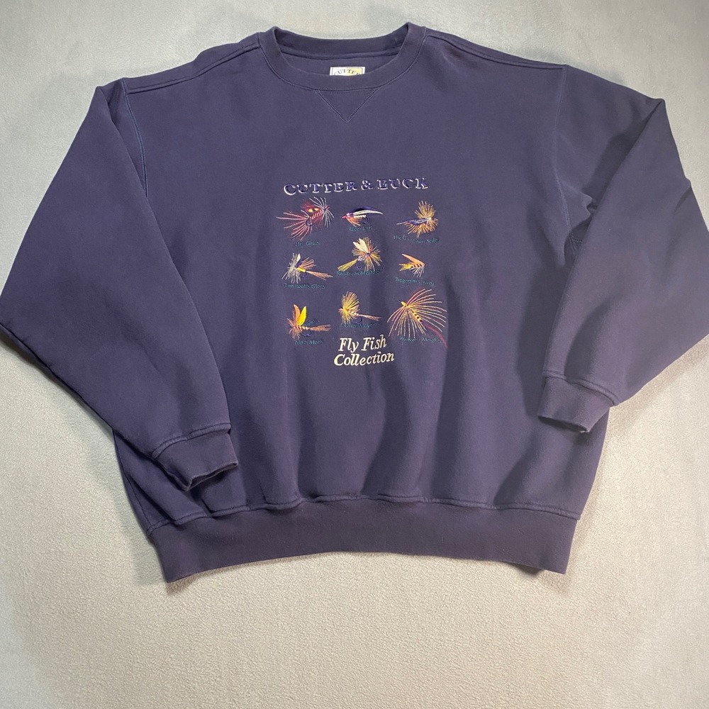 Cutter & Buck Sweatshirt Mens 2XB Blue Excellent Fly Fish Collection Embroidered